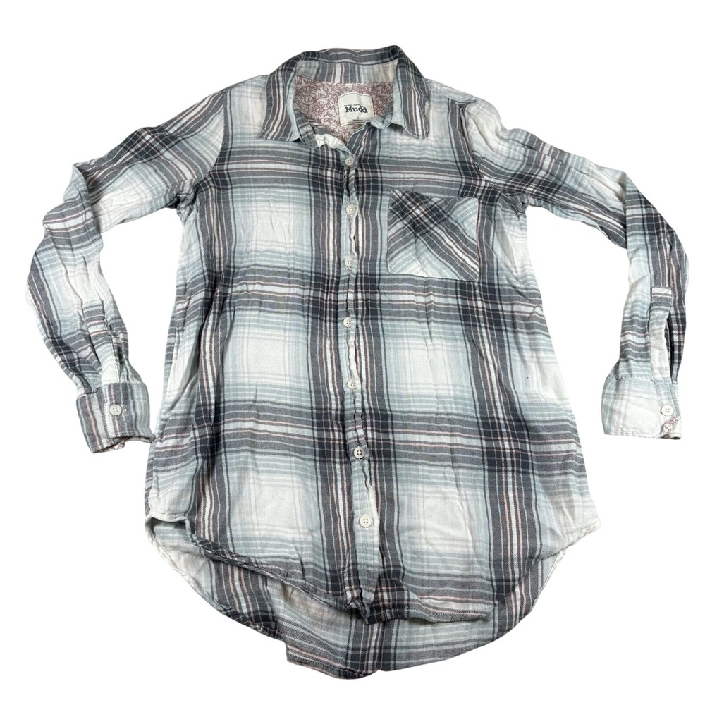 Mudd Button Down Shirt Womens Small Plaid Gray Pink Cotton Rayon Casual Boho